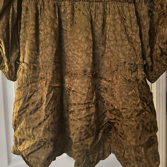 Joy Joy Olive Jacquard Leopard Smocked Waist Mini Dress Size Small NWOT - Picture 2 of 9